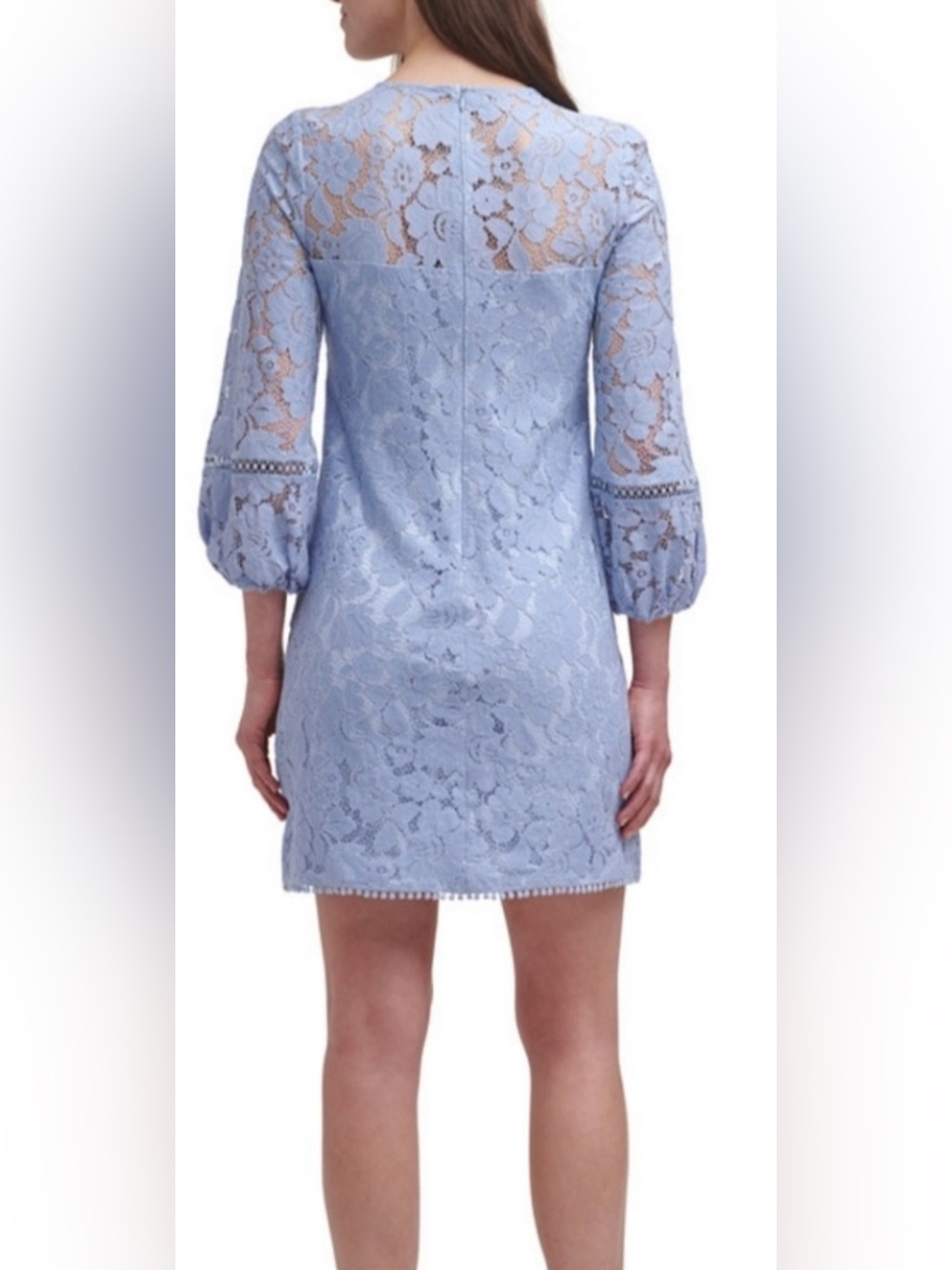 Vince Camuto Dress Light Blue Lace Overlay Long Illusion Sleeves Embroidery 8๐ - Picture 2 of 12